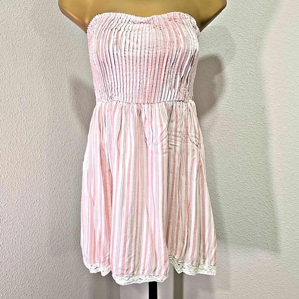 Ruched Strapless Stripe Dress Medium Coquette Milkmaid Pastel Pink White Summer